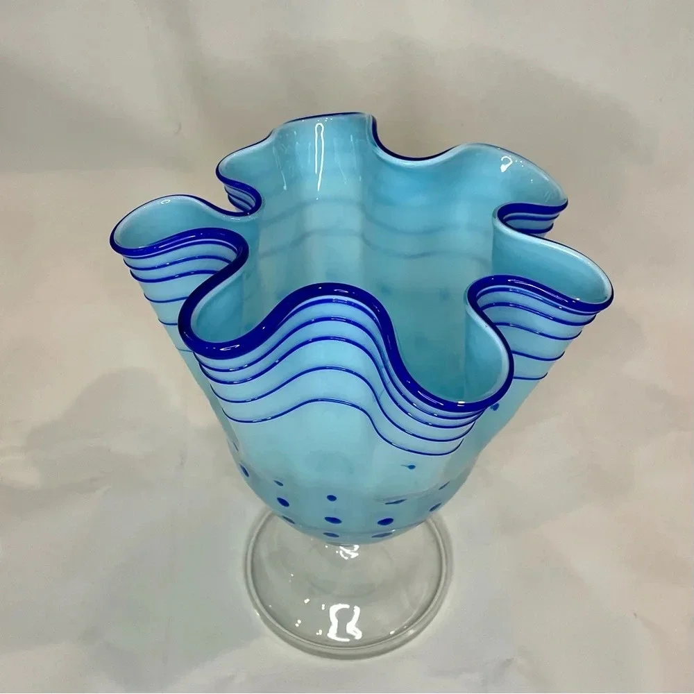 Blue Polka Dot & Stripped Blown Glass Fluted Ruffle Vase Handmade Unique